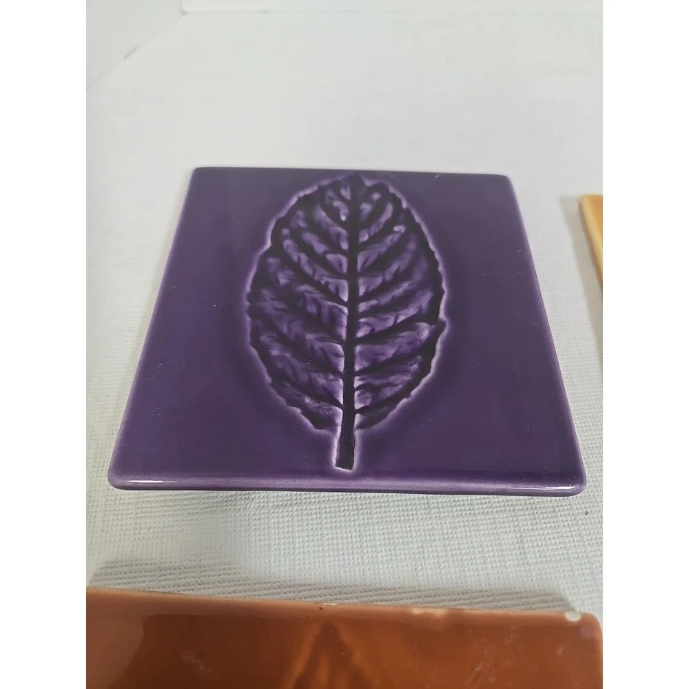 Vintage 4 Piece Crate & Barrel Ceramic Leaf Imprint Glazed Coasters‎ Fall Colors